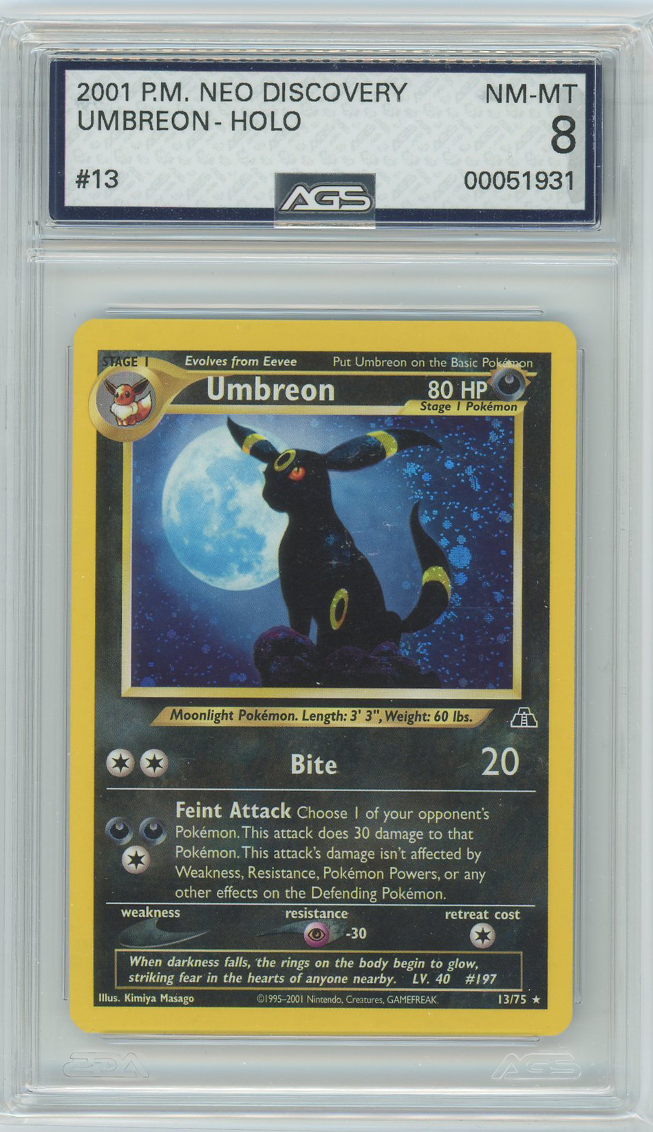 AGS (NM-MT 8) Umbreon #13 w/ HOLO BLEED - Neo Discovery (#00051931) Pokemon Plug AGS (NM-MT 8) Umbreon #13 w/ HOLO BLEED - Neo Discovery (#00051931) Pokemon Plug
