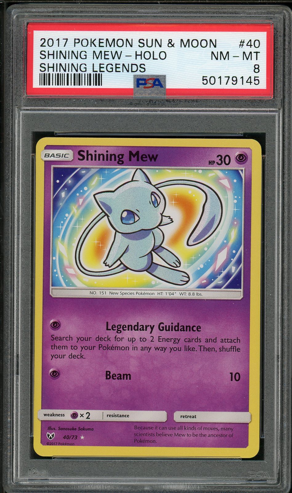 PSA (NM-MT 8) Shining Mew-holo #40 - Pokemon Sun & Moon Shining Legend Pokemon Plug PSA (NM-MT 8) Shining Mew-holo #40 - Pokemon Sun & Moon Shining Legend Pokemon Plug