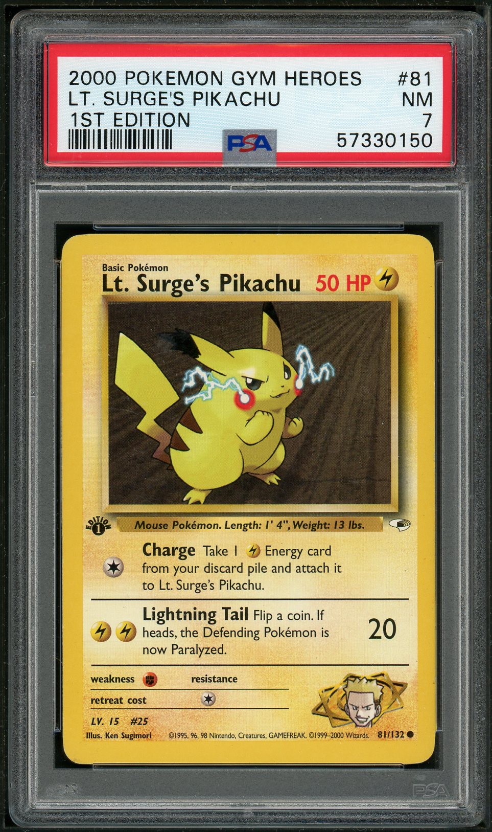 PSA (NM 7) Lt. Surge's Pikachu (1st Edition) #81