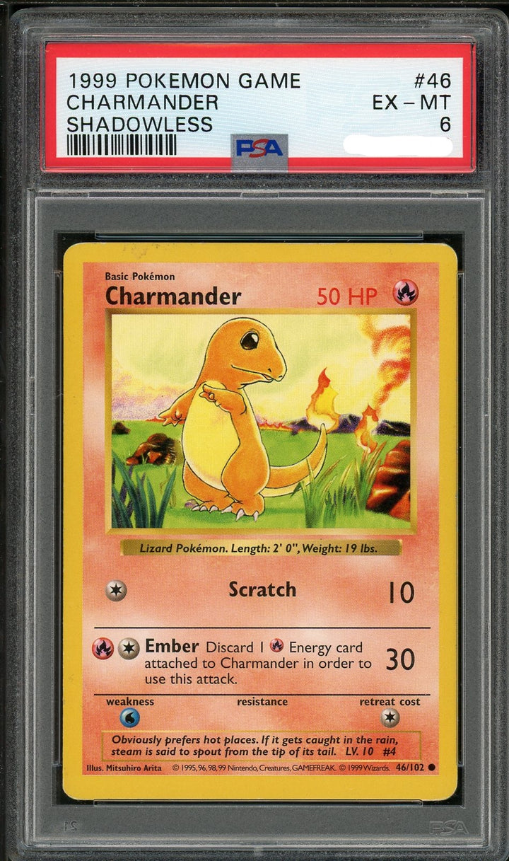PSA (EX-MT 6) Charmander (Shadowless) #46 - Pokemon Game