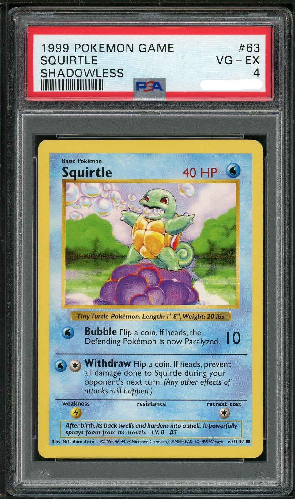 1995 pokemon squirtle card PSA (VG-EX 4) Squirtle (Shadowless) #63