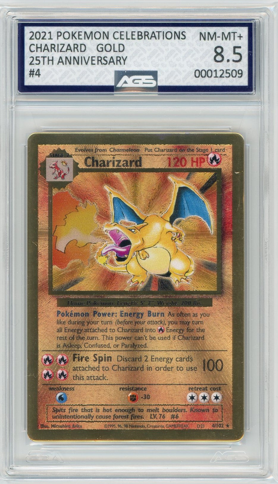 AGS (NM-MT+ 8.5) Metal Charizard (Gold) #4/102 - Celebrations (#000125 Pokemon Plug AGS (NM-MT+ 8.5) Metal Charizard (Gold) #4/102 - Celebrations (#000125 Pokemon Plug