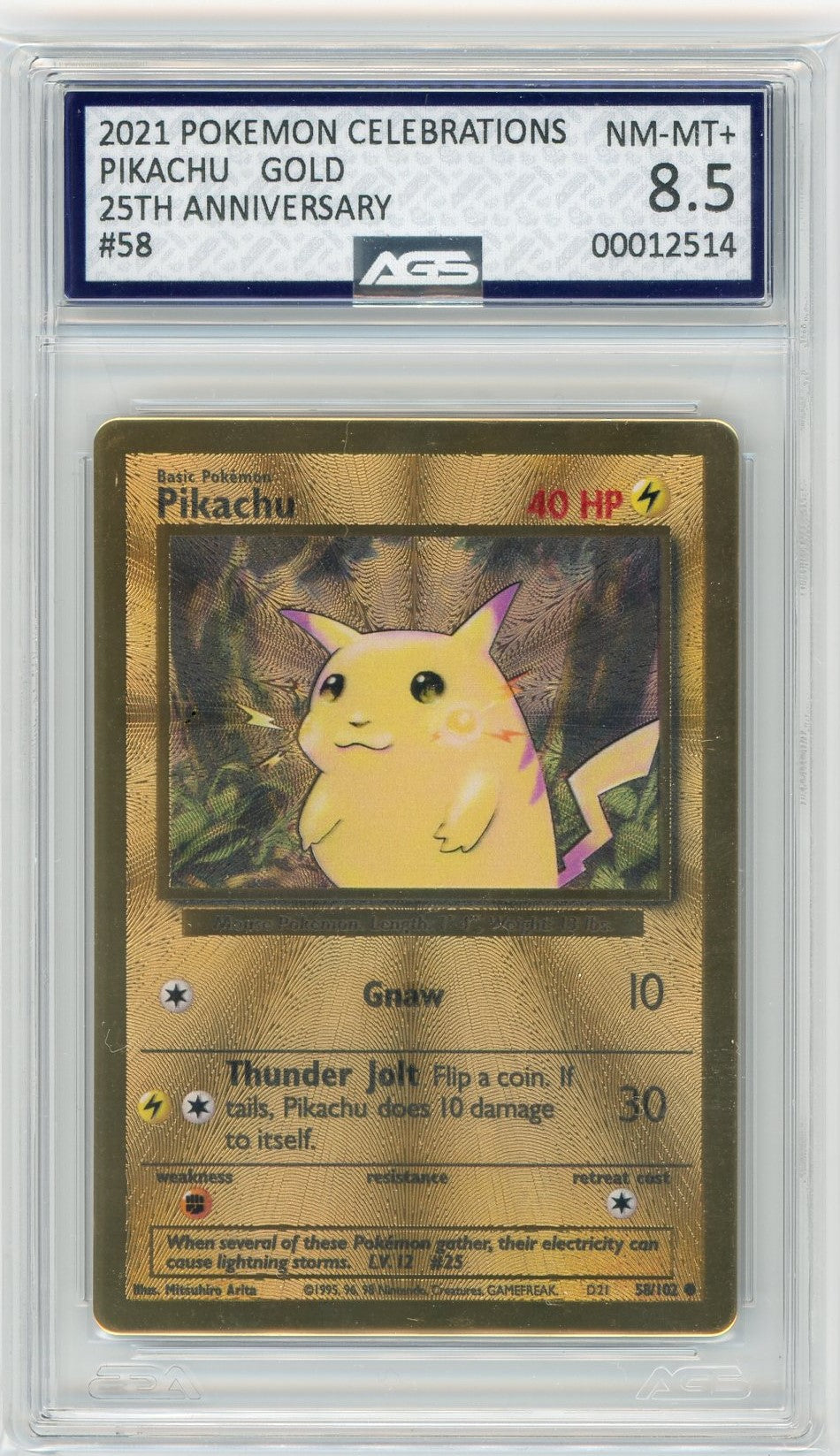 AGS (NM-MT+ 8.5) Metal Pikachu (Gold) #38/102 - Celebrations (#0001251 Pokemon Plug AGS (NM-MT+ 8.5) Metal Pikachu (Gold) #38/102 - Celebrations (#0001251 Pokemon Plug