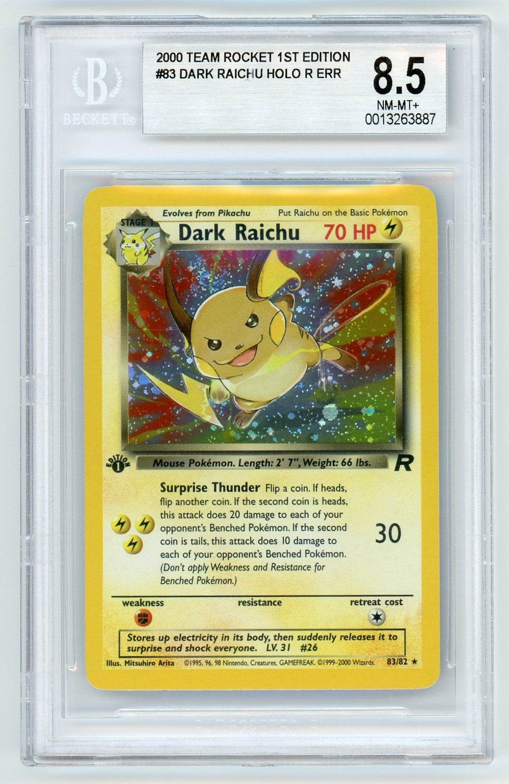BGS 8.5 (NM-MT+) Dark Raichu Holo (Error) - 2000 Pokemon Team Rocket 1 Pokemon Plug BGS 8.5 (NM-MT+) Dark Raichu Holo (Error) - 2000 Pokemon Team Rocket 1 Pokemon Plug