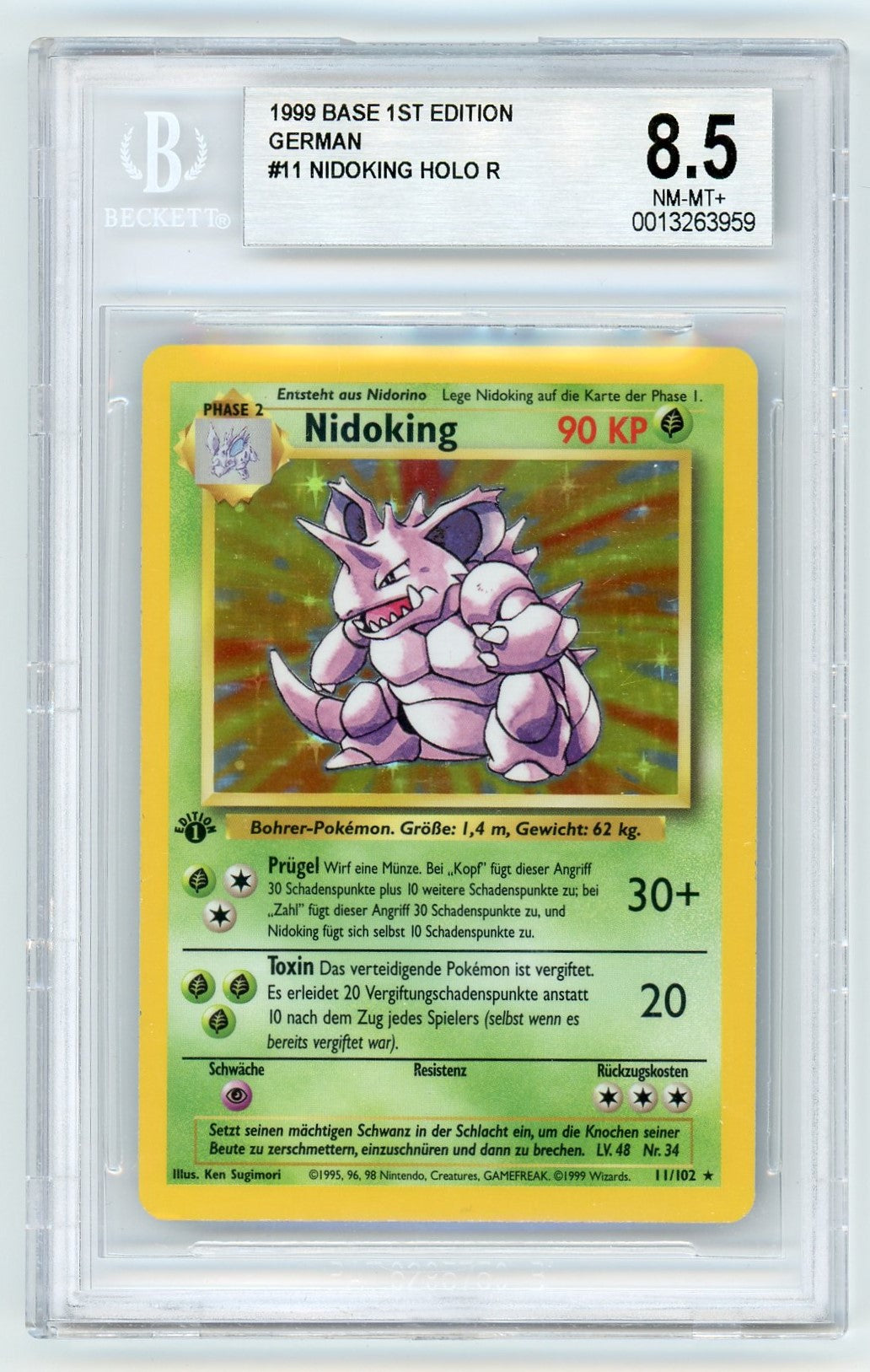 BGS 8.5 (NM-MT+) Nidoking Holo - 1999 Pokemon Base 1st Edition (German Pokemon Plug BGS 8.5 (NM-MT+) Nidoking Holo - 1999 Pokemon Base 1st Edition (German Pokemon Plug