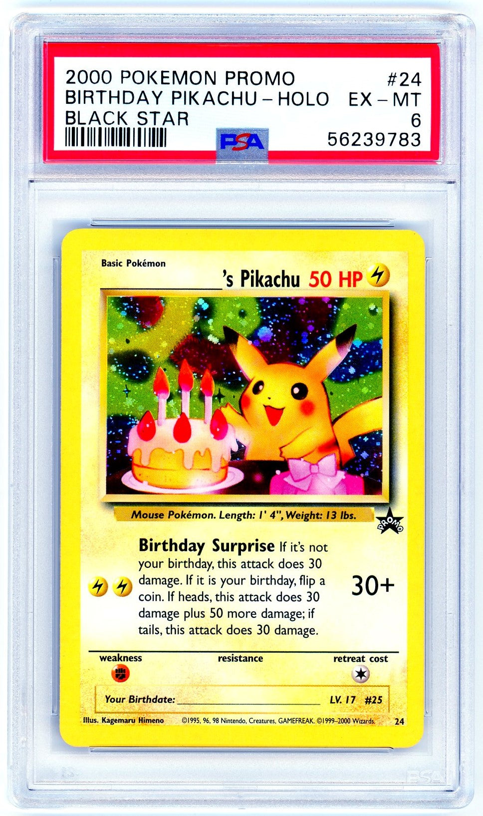 PSA (EX-MT 6) Birthday Pikachu-Holo #24 - Pokemon Promo Black Star (56 Pokemon Plug PSA (EX-MT 6) Birthday Pikachu-Holo #24 - Pokemon Promo Black Star (56 Pokemon Plug