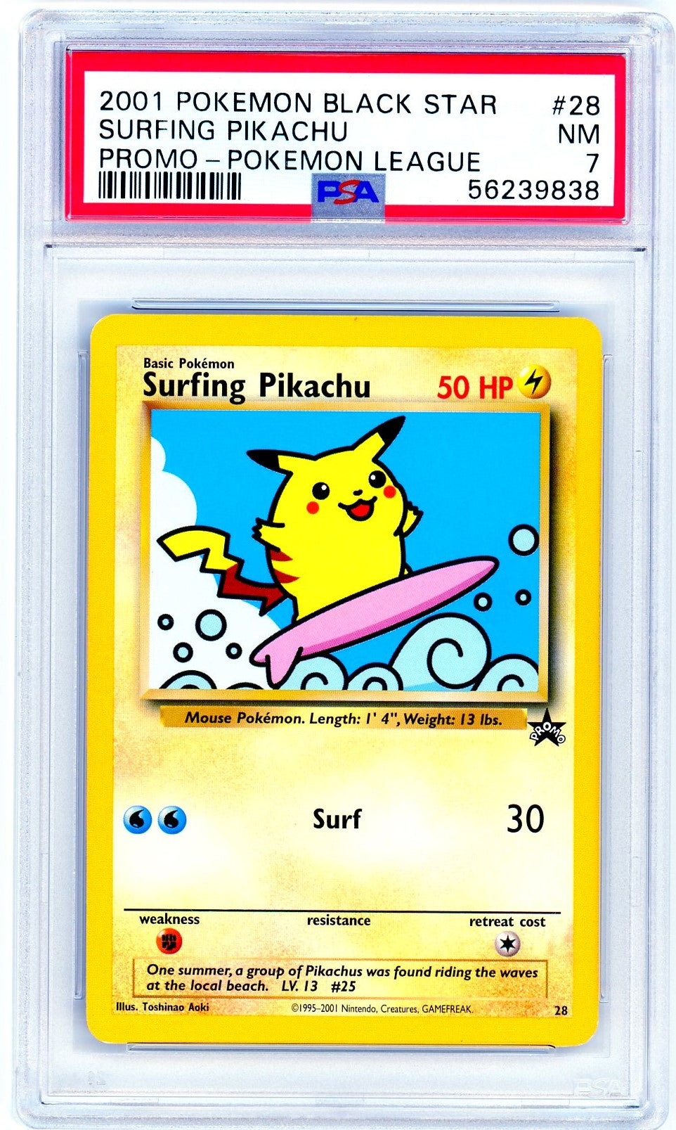 PSA (NM 7) Surfing Pikachu #28 - Pokemon Promo Black Star (56239838) Pokemon Plug PSA (NM 7) Surfing Pikachu #28 - Pokemon Promo Black Star (56239838) Pokemon Plug