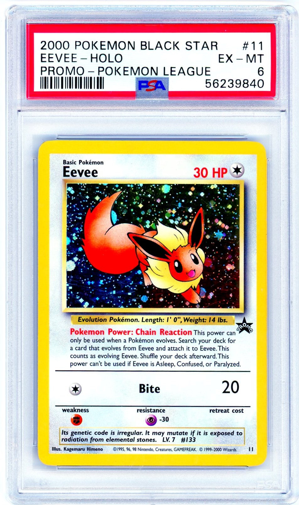 PSA (EX-MT 6) Eevee-Holo #11 - Pokemon Promo Black Star (56239840) Pokemon Plug PSA (EX-MT 6) Eevee-Holo #11 - Pokemon Promo Black Star (56239840) Pokemon Plug