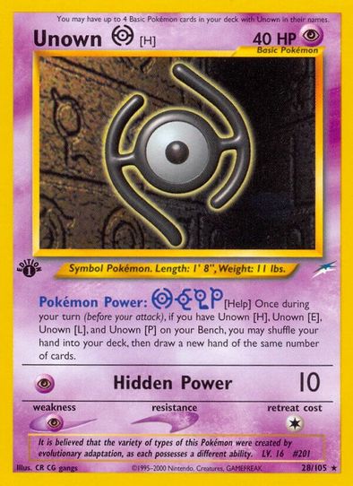 1995 unown pokemon card Z, 60/105 1st Edition Near Mint Pokmon Hit Points40 HP Form Base-Neo: QAXX Unown Deck (Alphabet