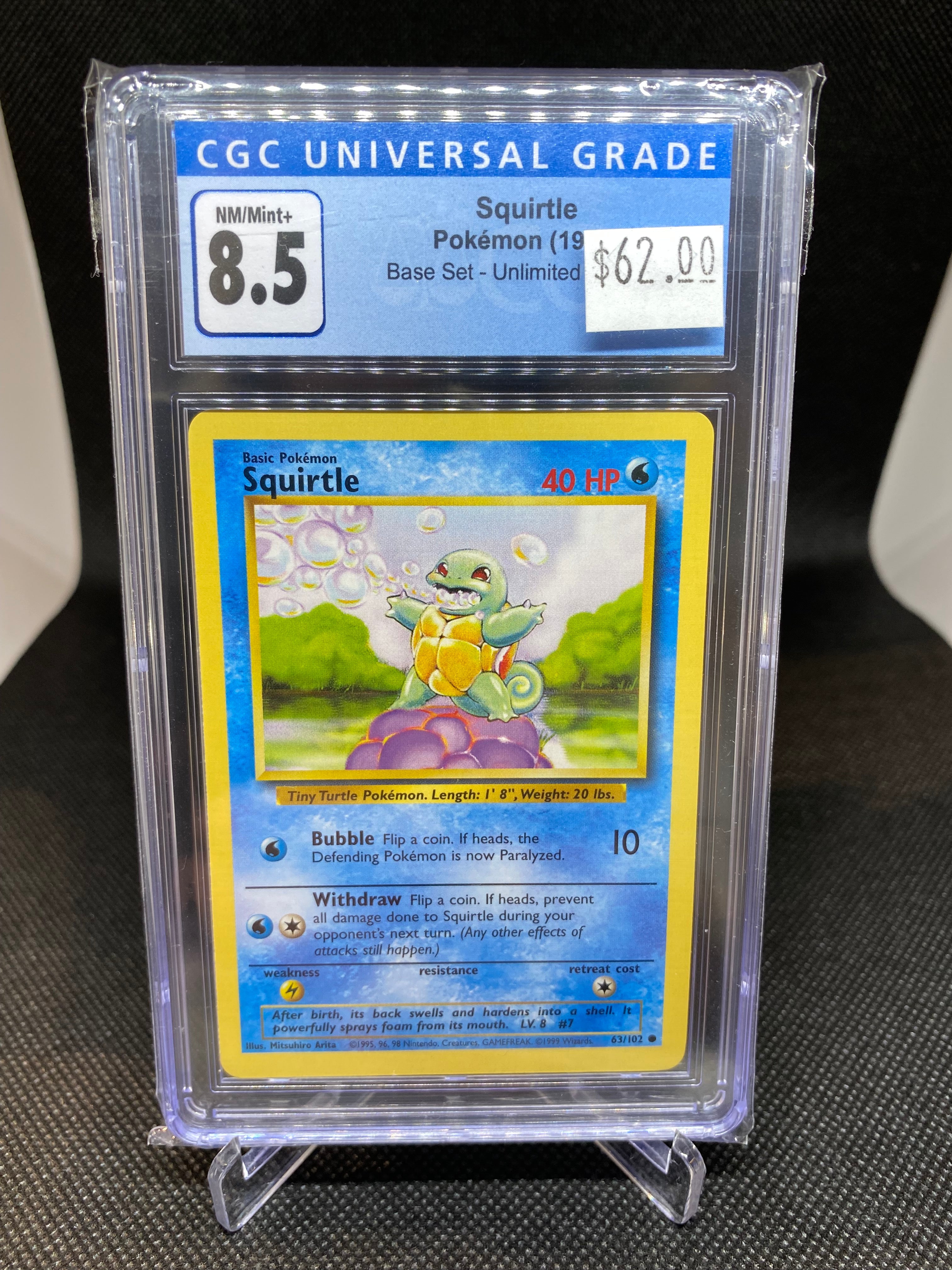 1995 squirtle pokemon card value 63/102 CGC 8.5 NM/MINT+ Squirtle 63/102