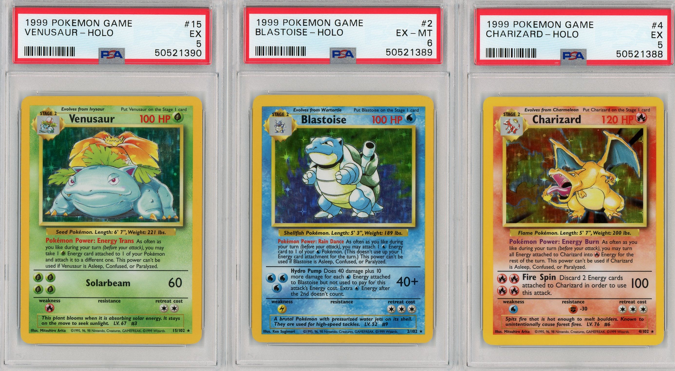 PSA Graded Set of 1999 Base Set Charizard, Blastoise & Venusaur - Sequ Pokemon Plug PSA Graded Set of 1999 Base Set Charizard, Blastoise & Venusaur - Sequ Pokemon Plug