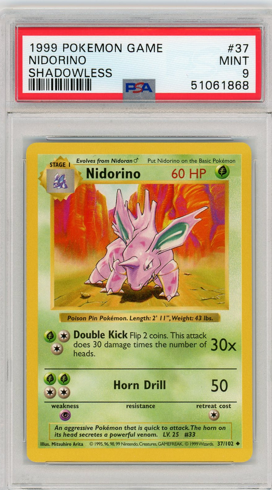 PSA 9 MINT Nidorino (Shadowless) 37/102 - Shadowless Base Set 1999 Pokemon Plug PSA 9 MINT Nidorino (Shadowless) 37/102 - Shadowless Base Set 1999 Pokemon Plug