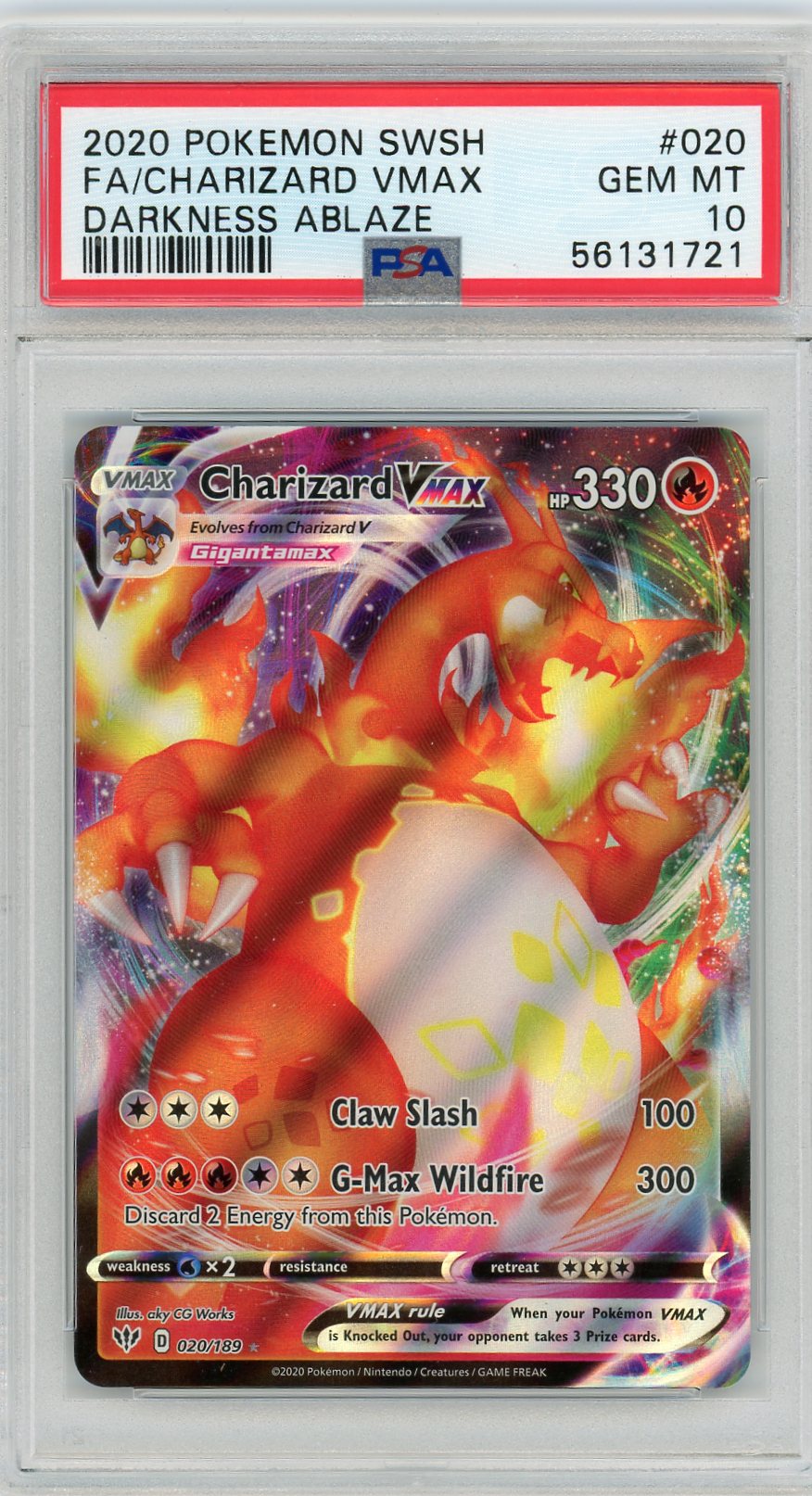 PSA 10 GEM MINT Charizard VMAX 020/189 - Darkness Ablaze 2020 Pokemon Plug PSA 10 GEM MINT Charizard VMAX 020/189 - Darkness Ablaze 2020 Pokemon Plug