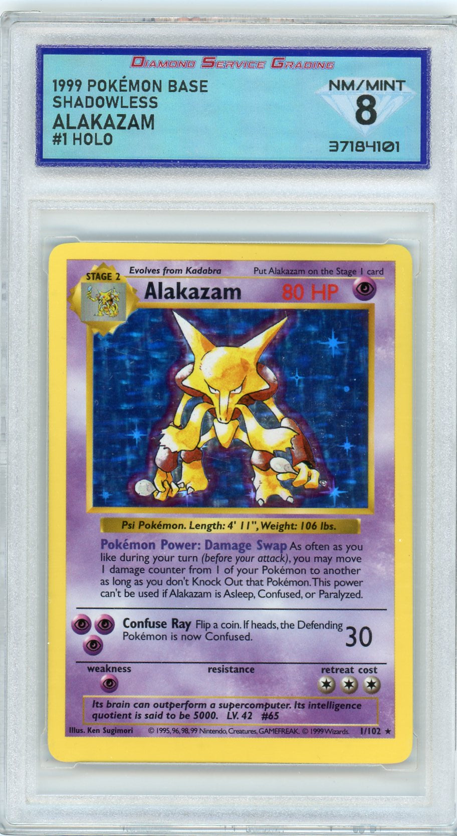 DSG 8 NM/MINT Alakazam 1/102 - Shadowless Base Set 1999 Pokemon Plug DSG 8 NM/MINT Alakazam 1/102 - Shadowless Base Set 1999 Pokemon Plug