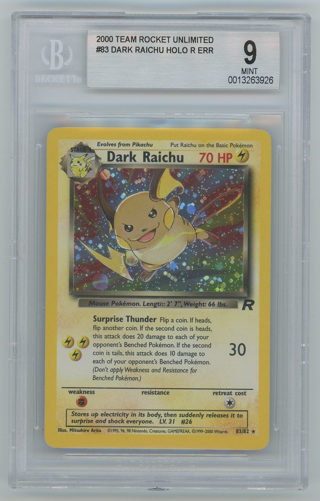 BGS 9 (MINT) Dark Raichu Holo (Error) - 2000 Pokemon Team Rocket Unlim Pokemon Plug BGS 9 (MINT) Dark Raichu Holo (Error) - 2000 Pokemon Team Rocket Unlim Pokemon Plug