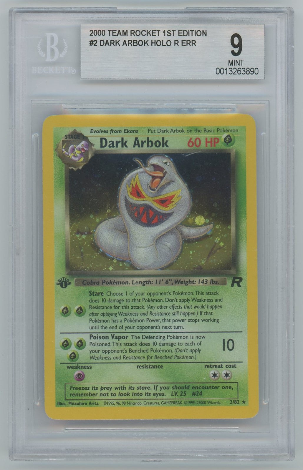 1995 arbok pokemon card BGS 9 (MINT) Dark Arbok Holo (Error)