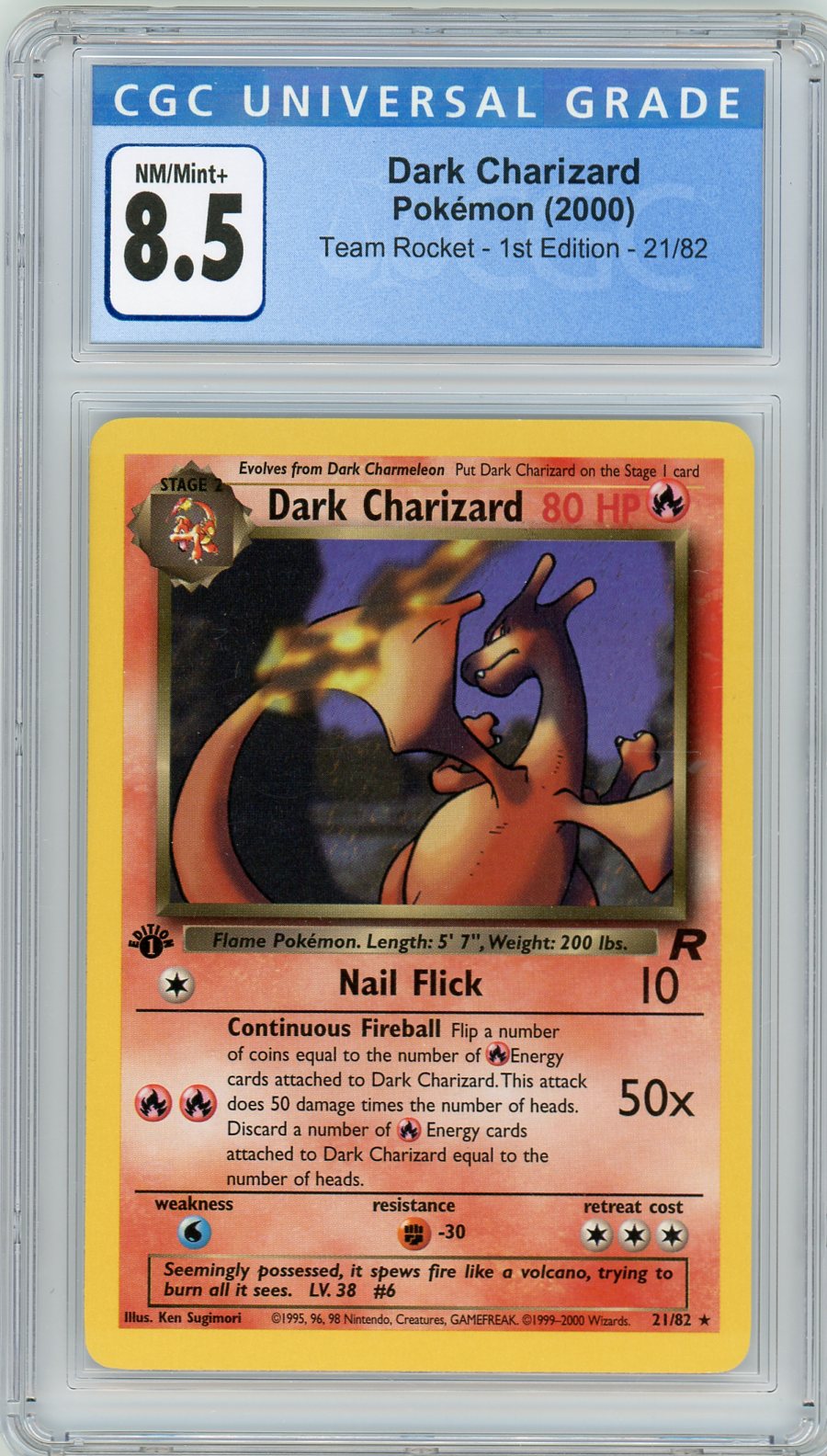 CGC 8.5 NM/Mint+ 1st Edition Dark Charizard 21/82 - Team Rocket 2000 Pokemon Plug CGC 8.5 NM/Mint+ 1st Edition Dark Charizard 21/82 - Team Rocket 2000 Pokemon Plug