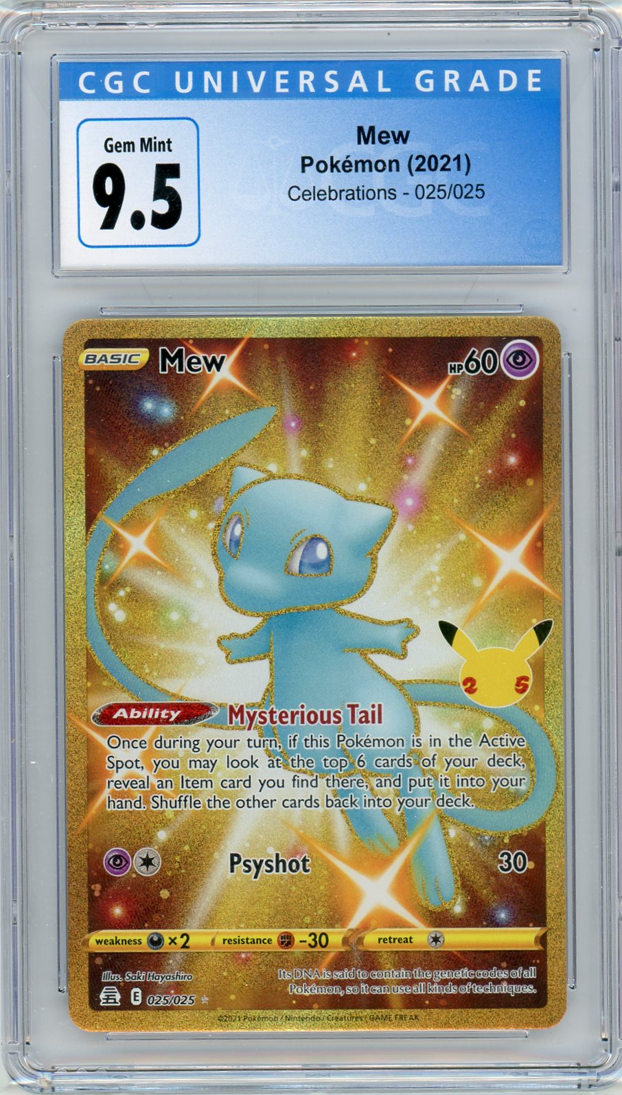 CGC 9.5 Gem Mint Gold Mew 025/025 - Celebrations (25th Anniversary) 20 Pokemon Plug CGC 9.5 Gem Mint Gold Mew 025/025 - Celebrations (25th Anniversary) 20 Pokemon Plug