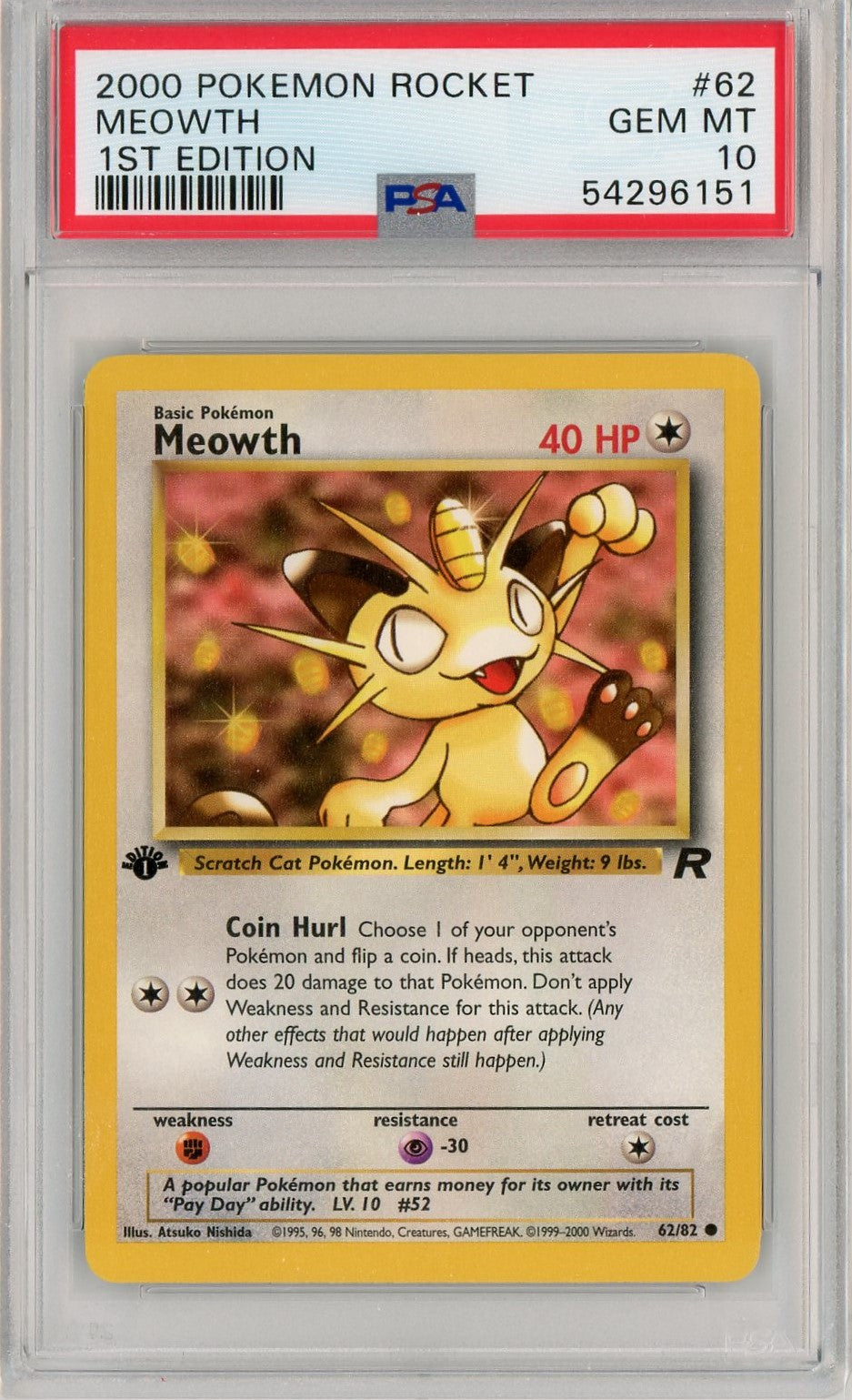 team rocket meowth pokemon card PSA 10 GEM MT Meowth 62/82