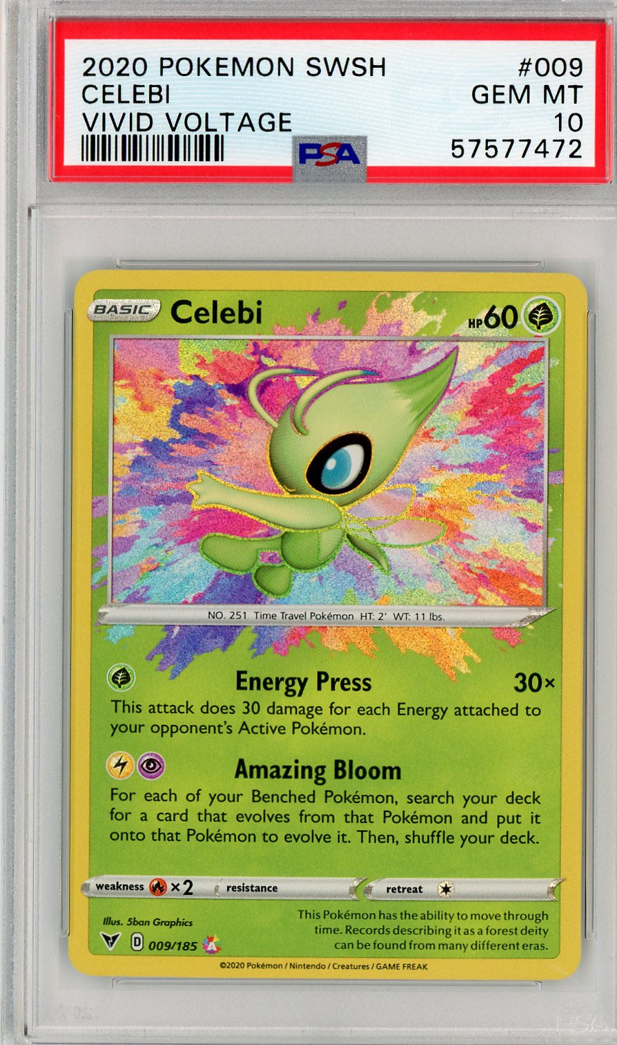 PSA 10 GEM MINT - Celebi 009/185 - Amazing Rare - Vivid Voltage 2020 Pokemon Plug PSA 10 GEM MINT - Celebi 009/185 - Amazing Rare - Vivid Voltage 2020 Pokemon Plug
