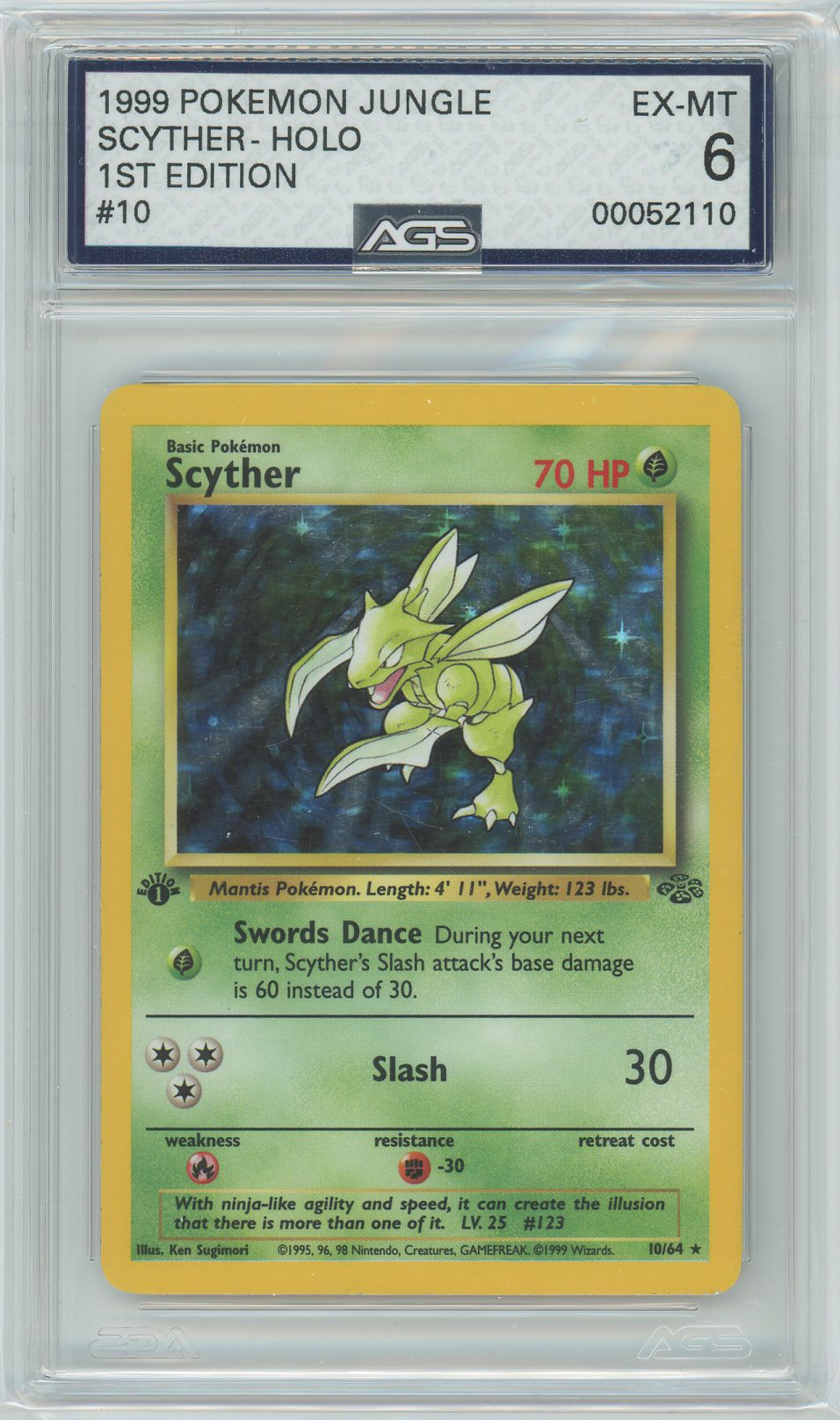 first edition scyther pokemon card AGS (EX-MT 6) Scyther #10 - 1st Edition Holo
