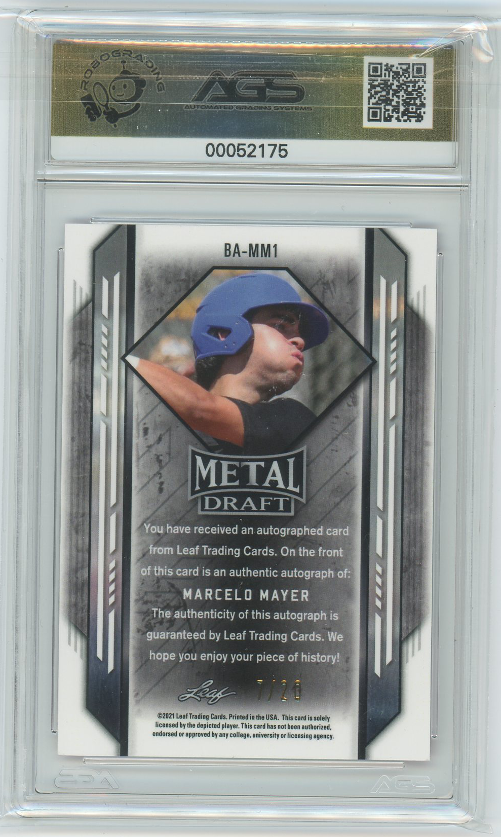 AGS (MINT+ 9.5) Marcelo Mayer #BA-MM1 - Serialized RC Autograph #7/20 - 2021 Leaf Metal Draft Rookie Card (#00052175)