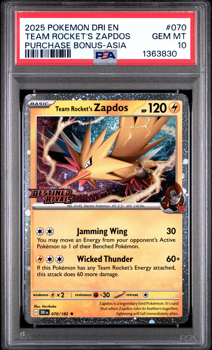 [PSA 10 - GEM MT] TEAM ROCKET'S ZAPDOS #070 - Purchase Bonus-asia - Destined Rivals (2025)