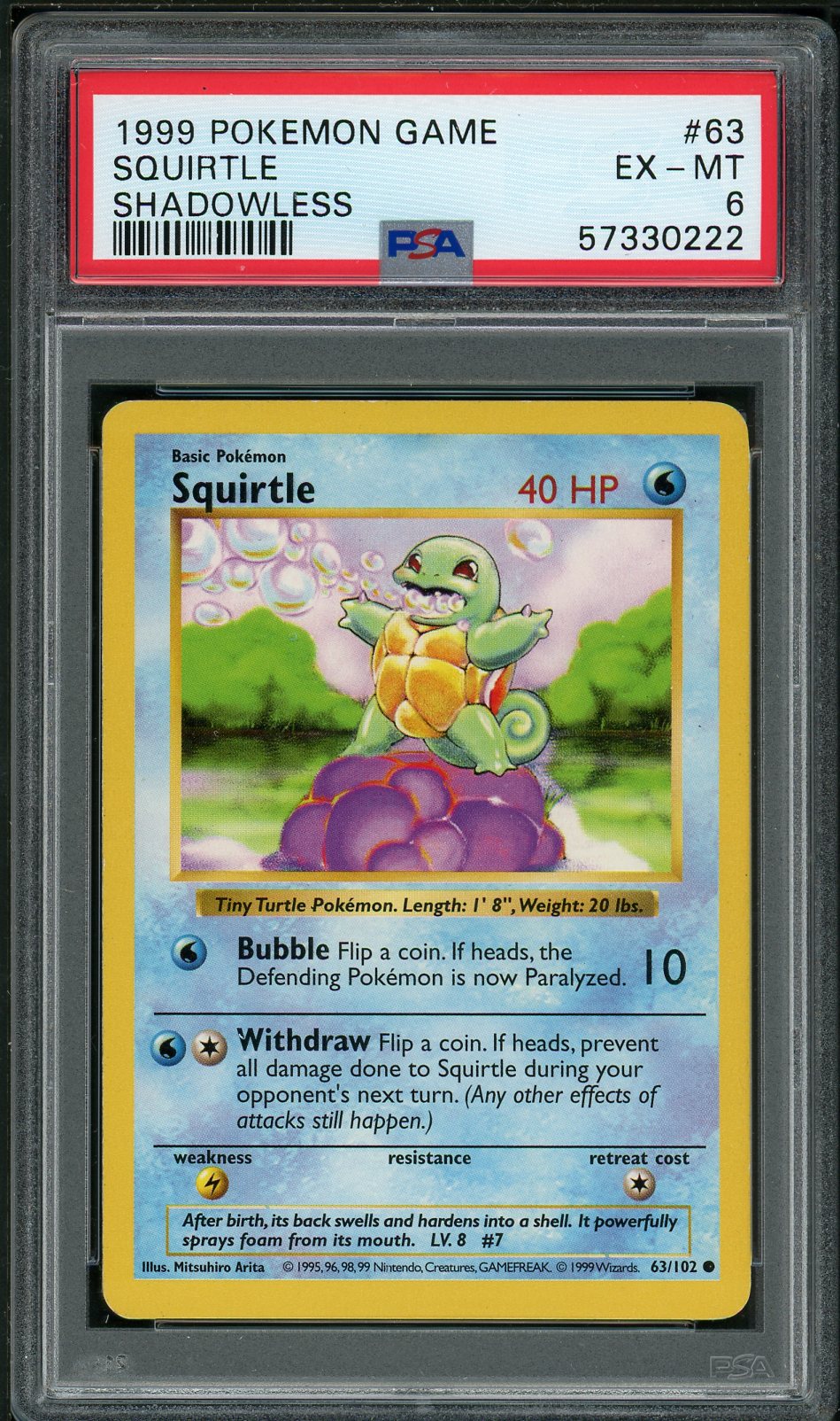 PSA (EX-MT 6) Squirtle (Shadowless) #63 - Pokemon Game