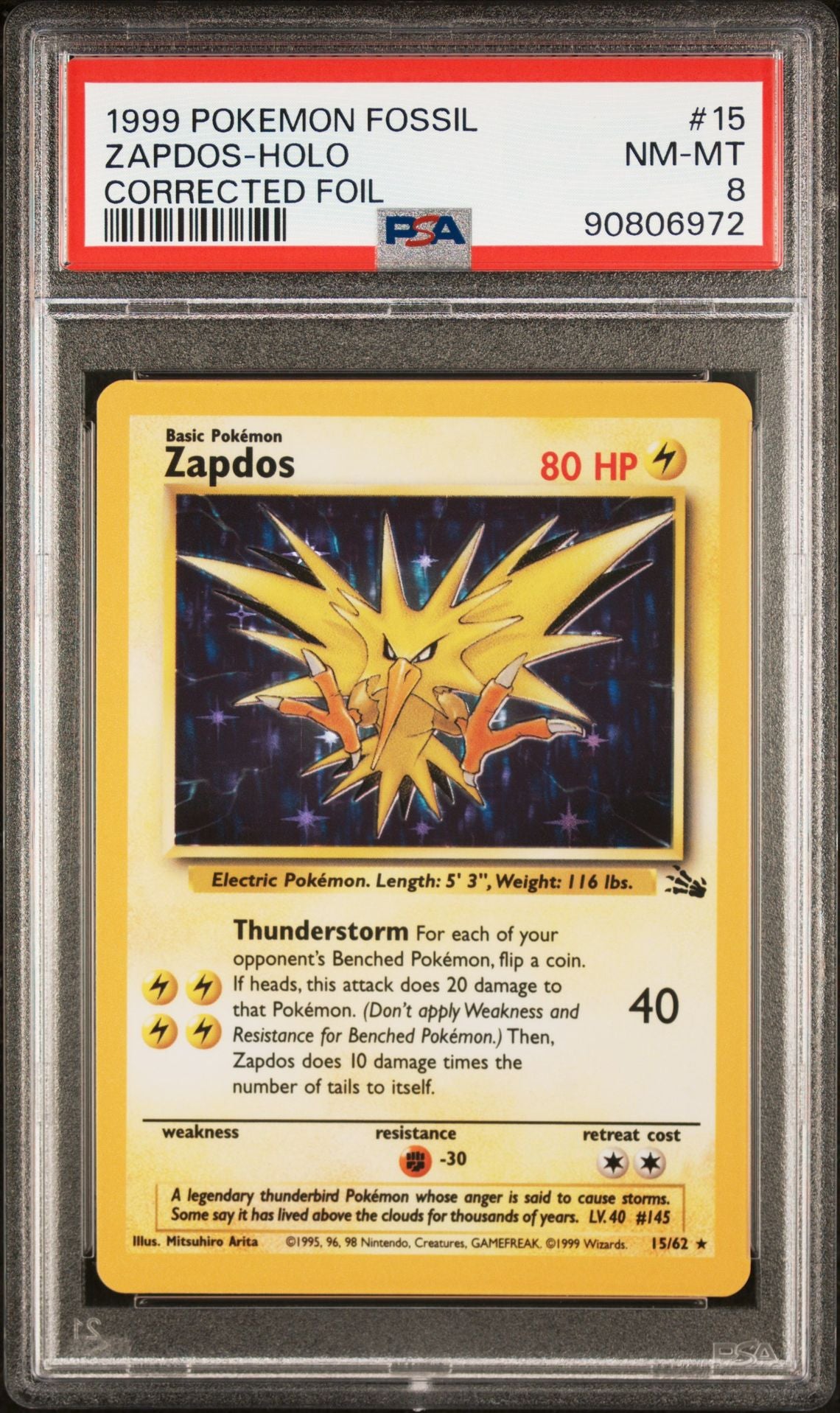 PSA (NM-MT 8) Zapdos - Holo #15 (Corrected Foil) - Pokémon Fossil (#90806972)