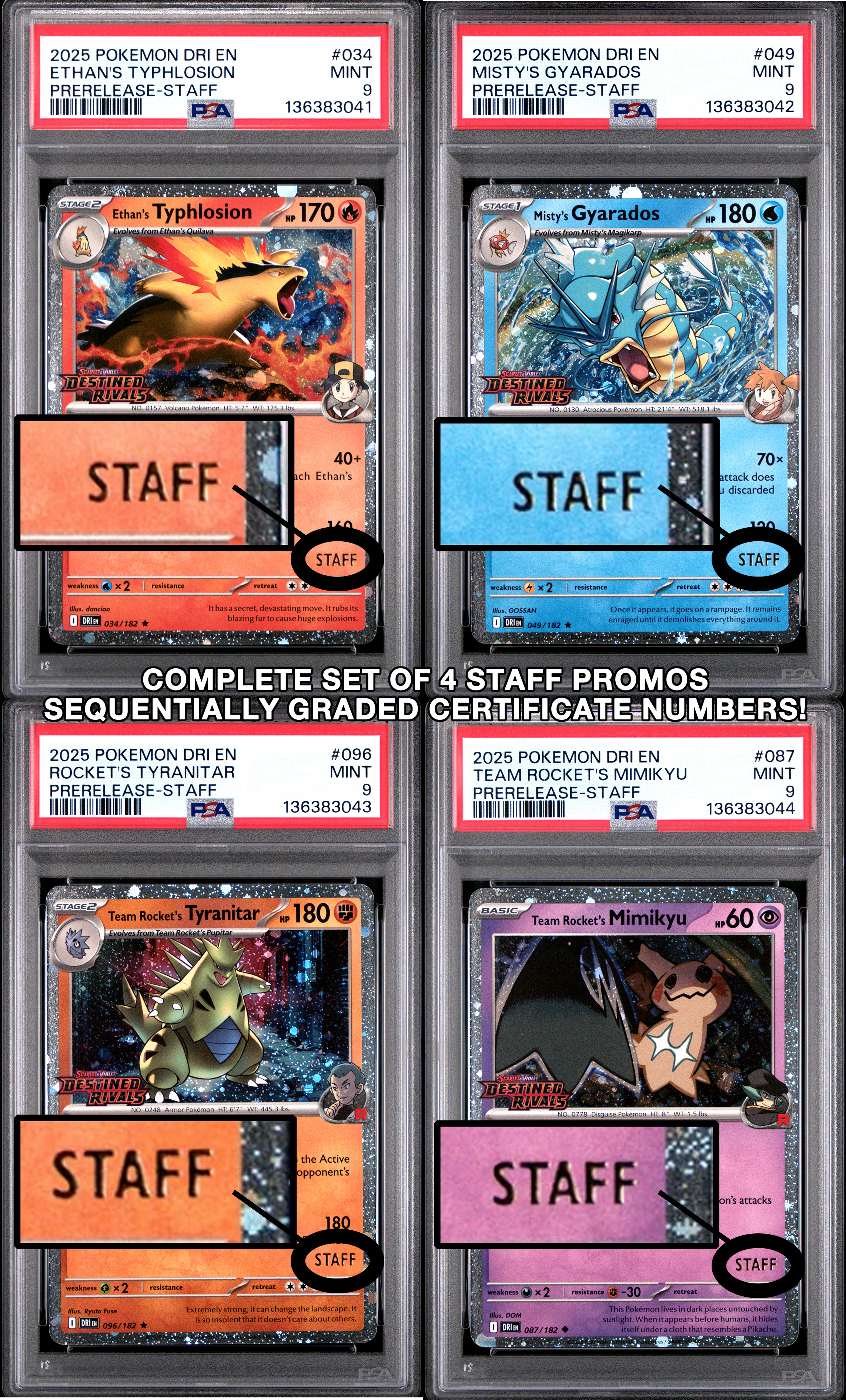 SET OF 4 [PSA 9 - MINT] Destined Rivals - Pre-Release - STAFF Promos - Moltres, Gyarados, Tyranitar & Mimikyu (Sequential Certs)