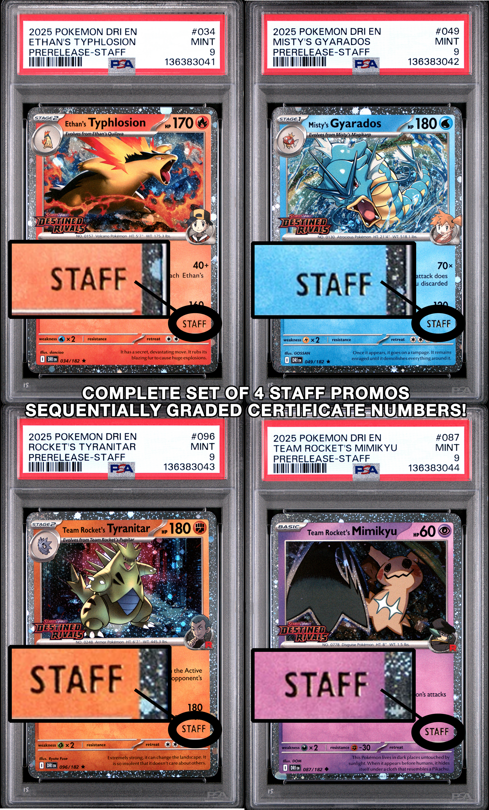 SET OF 4 [PSA 9 - MINT] Destined Rivals - Pre-Release - STAFF Promos - Moltres, Gyarados, Tyranitar & Mimikyu (Sequential Certs)