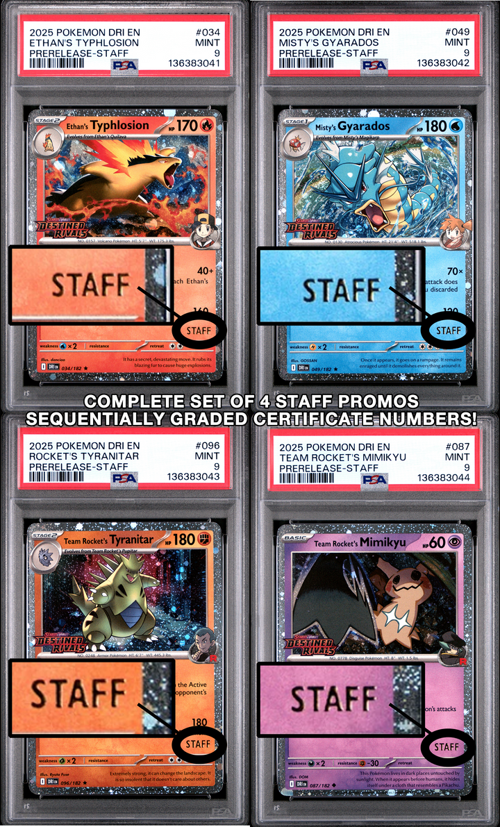 SET OF 4 [PSA 9 - MINT] Destined Rivals - Pre-Release - STAFF Promos - Moltres, Gyarados, Tyranitar & Mimikyu (Sequential Certs)