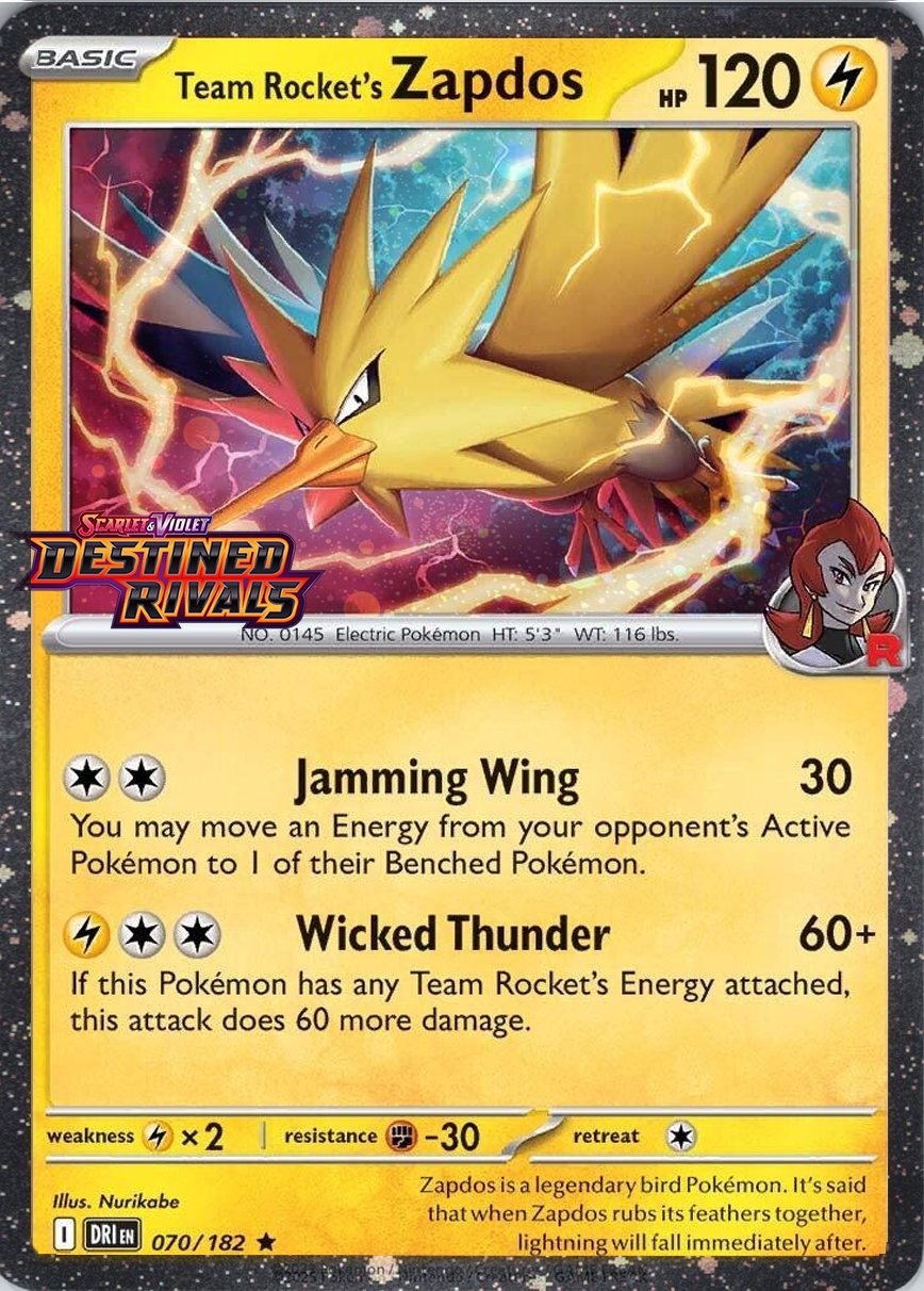 2025 Pokemon SV Destined Rivals #070/182 Team Rocket's Zapdos Cosmos Holo PSA 9