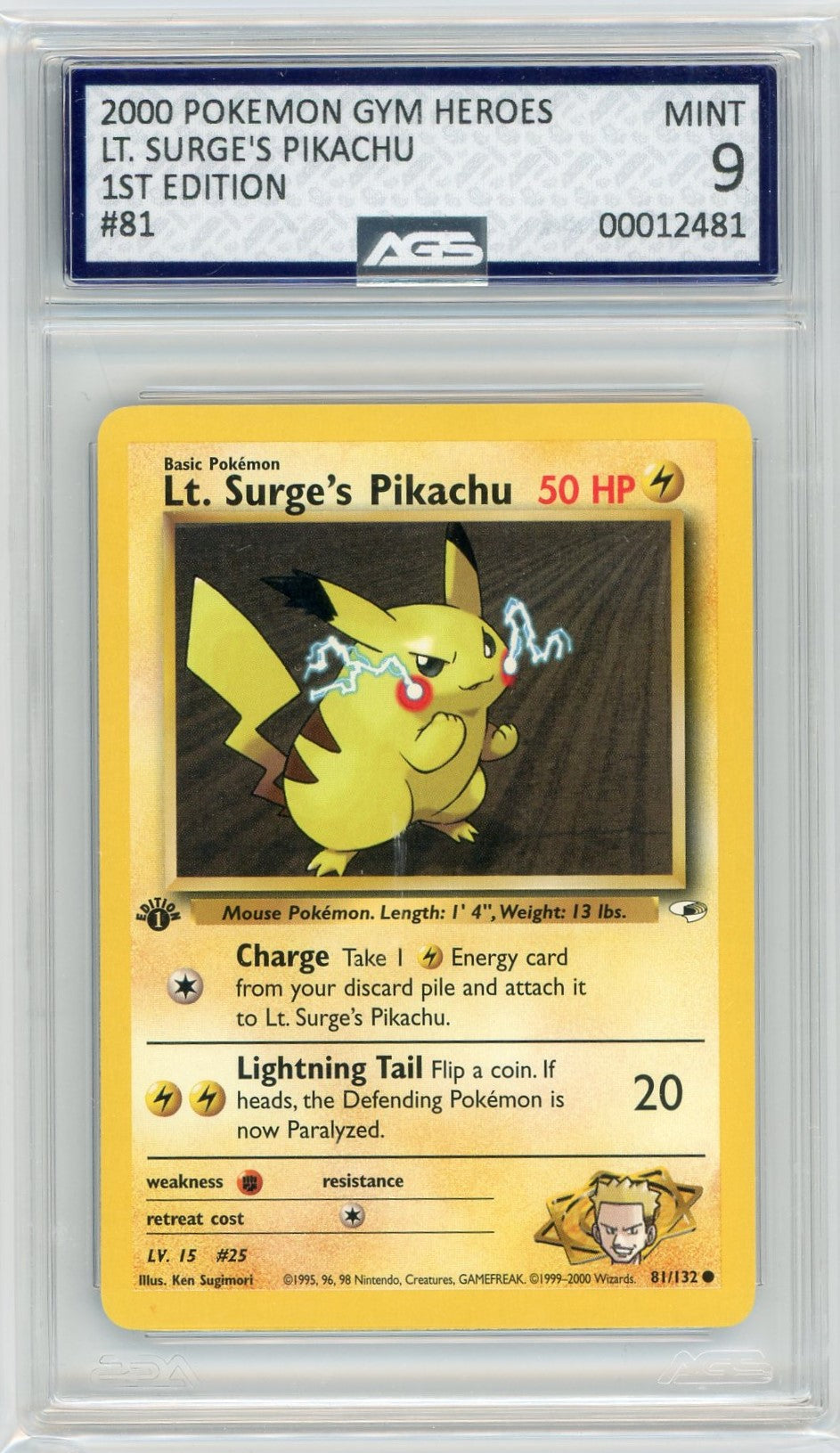 AGS (MINT 9) Lt. Surge's Pikachu #81 - Gym Heroes (#00012481)