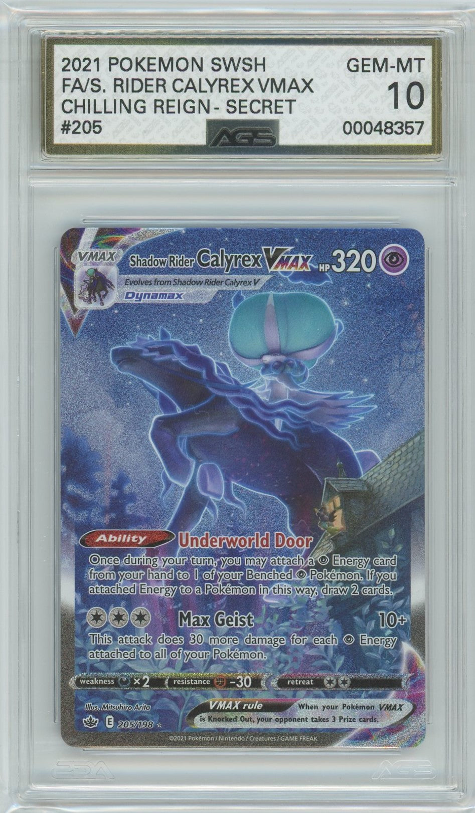 AGS (GEM-MT 10) Shadow Rider Calyrex VMAX #205 - Chilling Reign (#00048357)