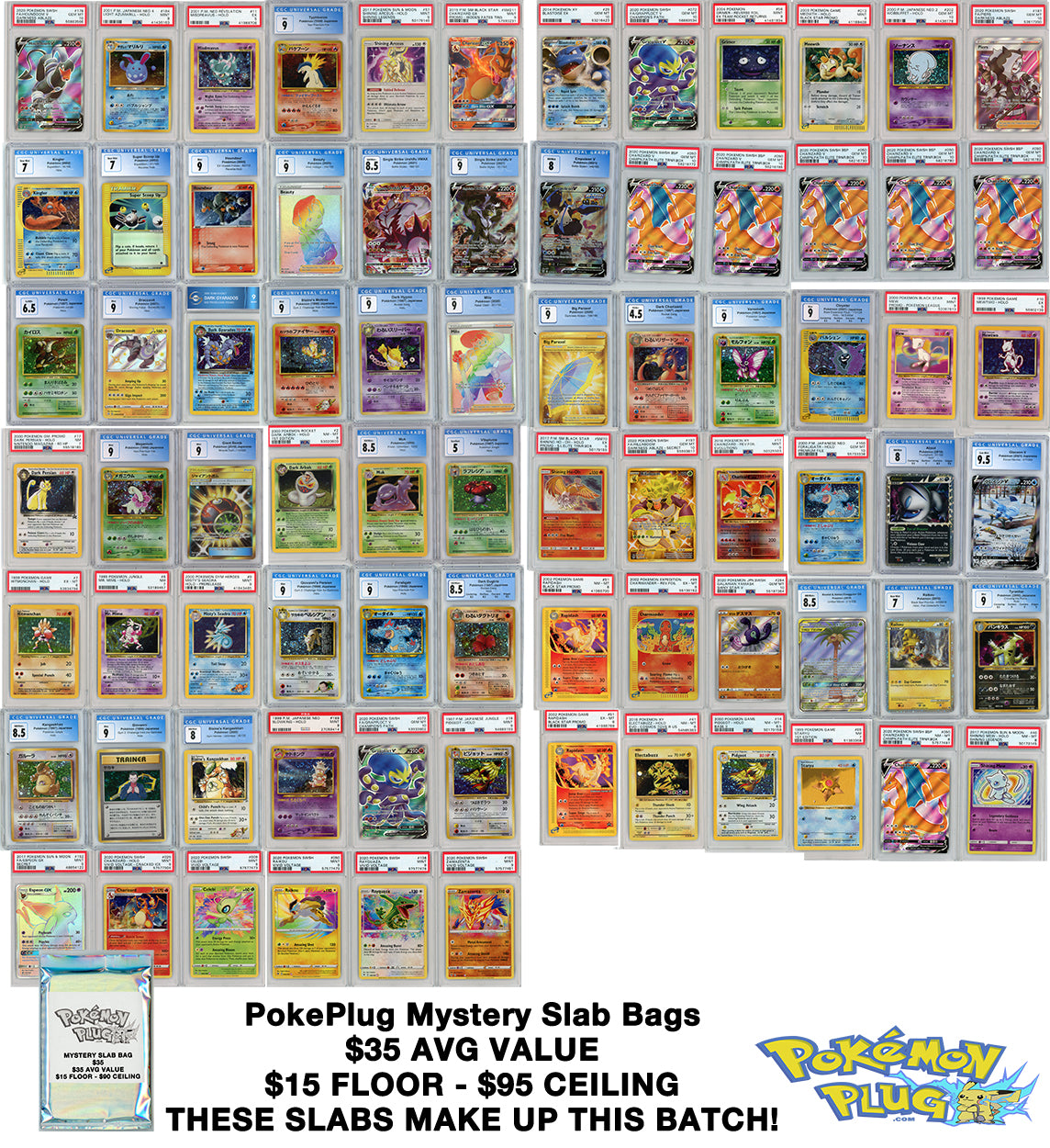 PokePlug - Mystery Slab Bag - 1 Graded Pokémon Card + 1 Booster Pack Per Bag