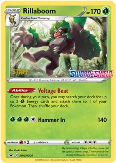 Rillaboom SWSH006 (Prerelease Promo) [Staff] (SWSH006) [SWSH: Sword & Shield Promo Cards]