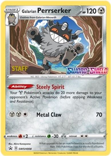Galarian Perrserker SWSH008 (Prerelease Promo) [Staff] (SWSH008) [SWSH: Sword & Shield Promo Cards]