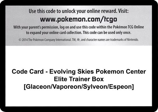Code Card - Evolving Skies Pokemon Center Elite Trainer Box [Glaceon/Vaporeon/Sylveon/Espeon] [Sword & Shield: Evolving Skies]