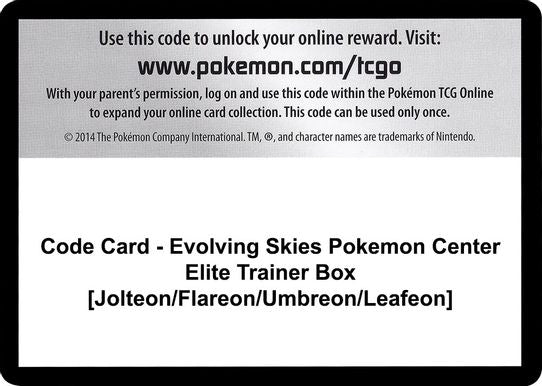 Code Card - Evolving Skies Pokemon Center Elite Trainer Box [Jolteon/Flareon/Umbreon/Leafeon] [Sword & Shield: Evolving Skies]