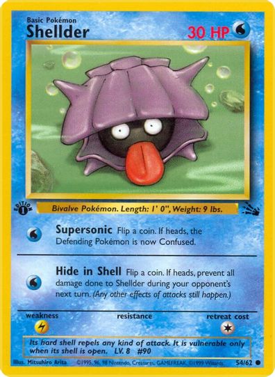 first edition shellder pokemon card 1st Fossil (62/62) Complete Set 1999 Water Water Supersonic Flip a coin Vintage Common - 1st Edition