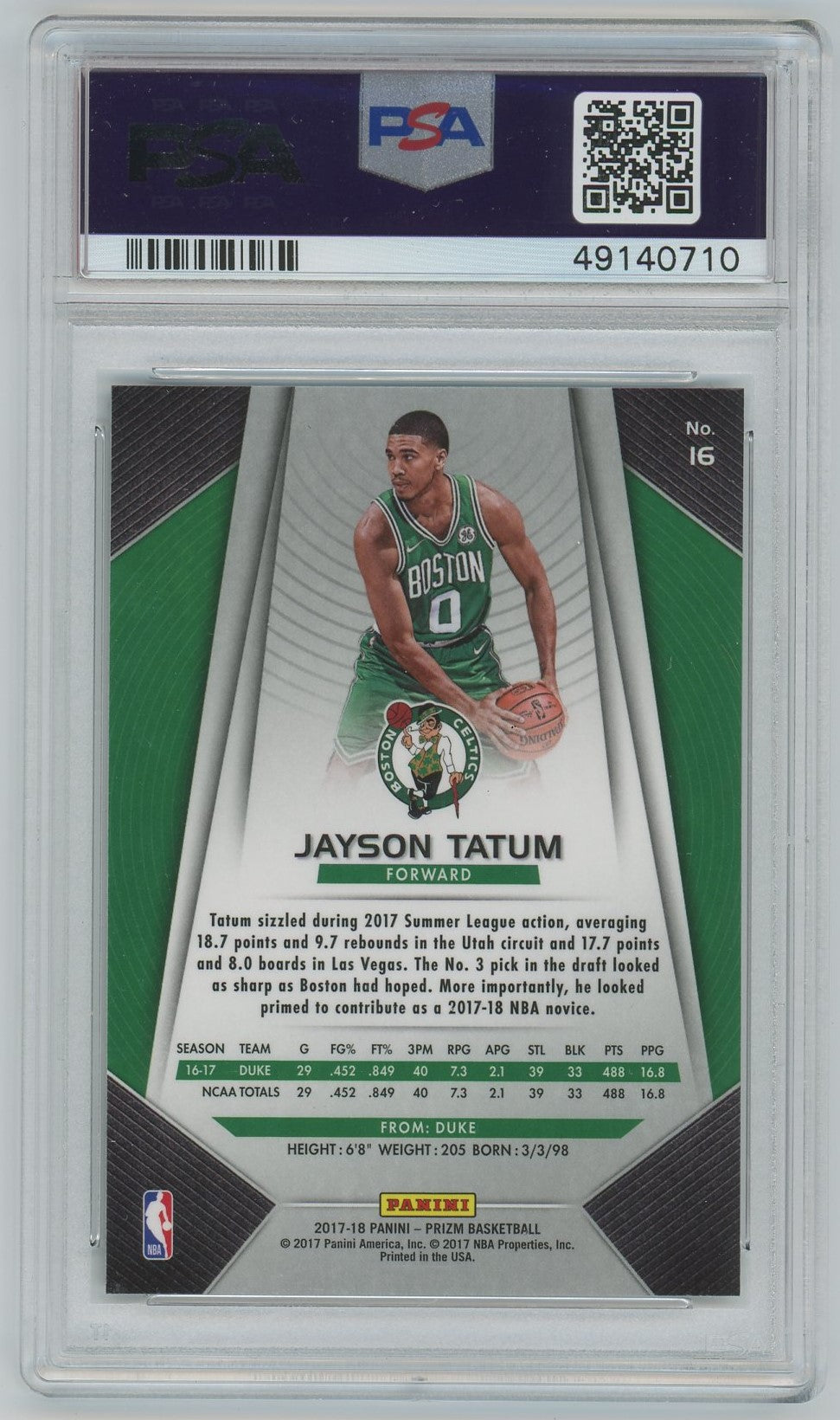 PSA (Gem MT 10) Jayson Tatum #16 - Panini Prizm (#49140710)