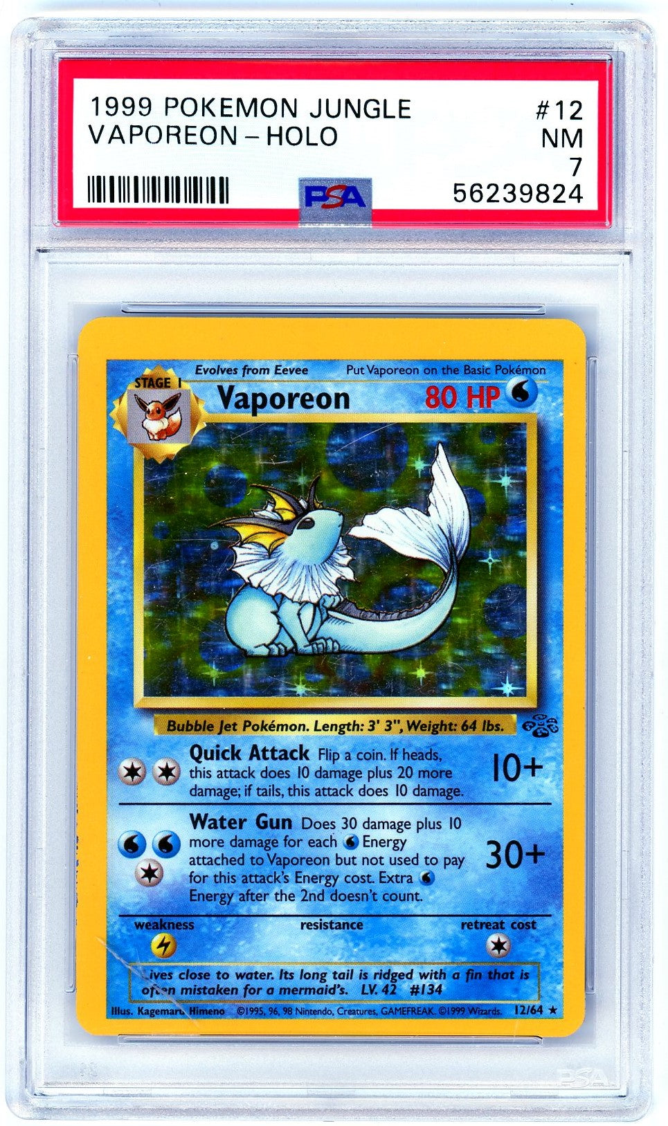 PSA (NM 7) Vaporeon-Holo #12 - Pokemon Jungle (56239824)