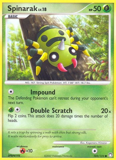 Pokemon Diamond & Pearl Mysterious Treasures Common Spinarak #103 Pokemon Diamond & Pearl Mysterious Treasures Common Spinarak #103