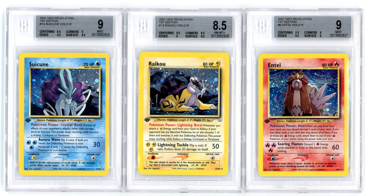 BGS Graded Set of 2001 Neo Revelation 1st Edition Suicune, Raikou & Entei - Sequential Serial Numbers