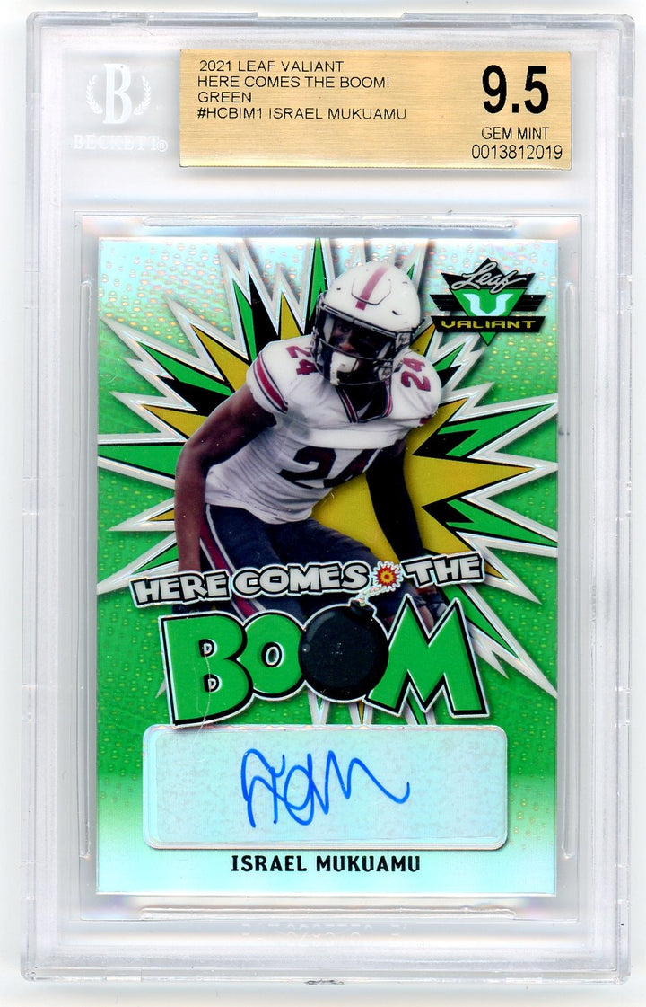 BGS 9.5 GEM MINT Israel Mukuamu - Here Comes the Boom! Green 68/99 - HCB-IM1 - Leaf Valiant 2021
