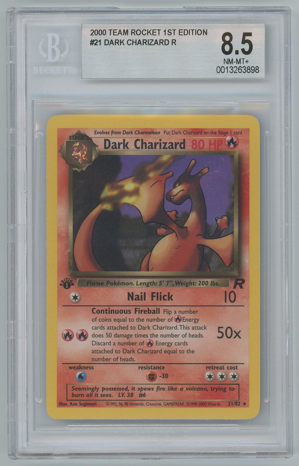 BGS 8.5 (NM-MT+) Dark Charizard - 2000 Pokemon Team Rocket 1st Edition Pokemon Plug BGS 8.5 (NM-MT+) Dark Charizard - 2000 Pokemon Team Rocket 1st Edition Pokemon Plug