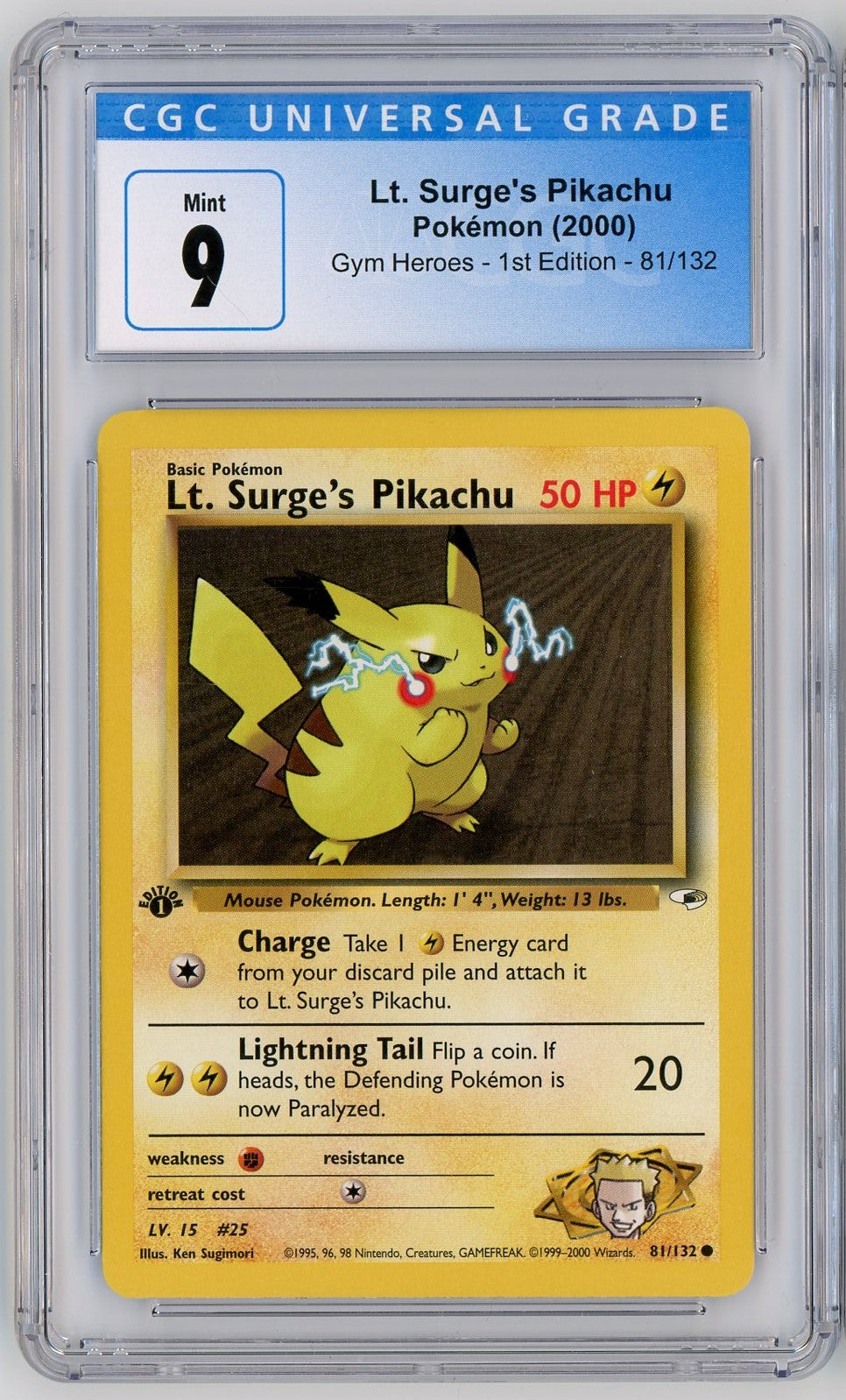 CGC 9 Mint Lt. Surge's Pikachu 81/132 - 1st Edition Gym Heroes 2000