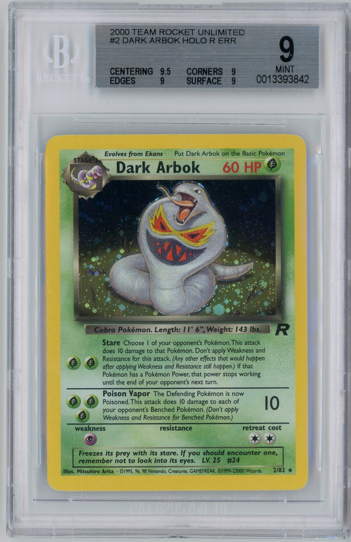 BGS 9 MINT - Dark Arbok (Holo) 2/82 - Team Rocket 2000 (Error 1999-23000)