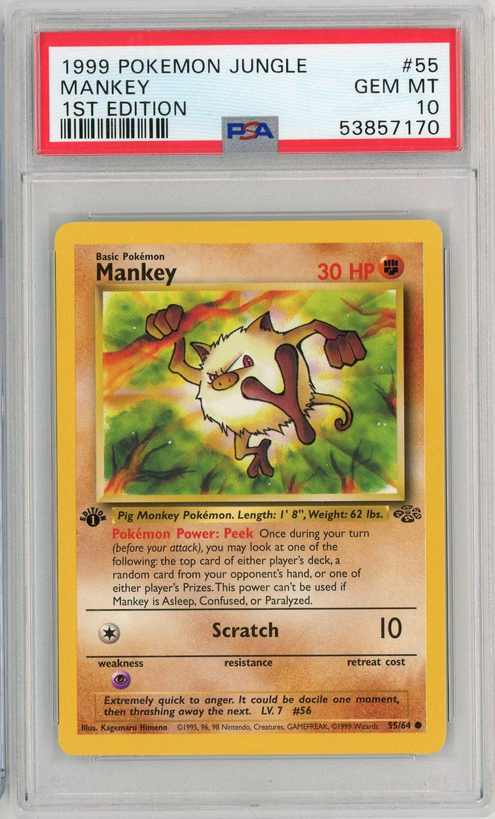 PSA 10 GEM MINT Mankey (1st Edition) 55/64 - Jungle 1999